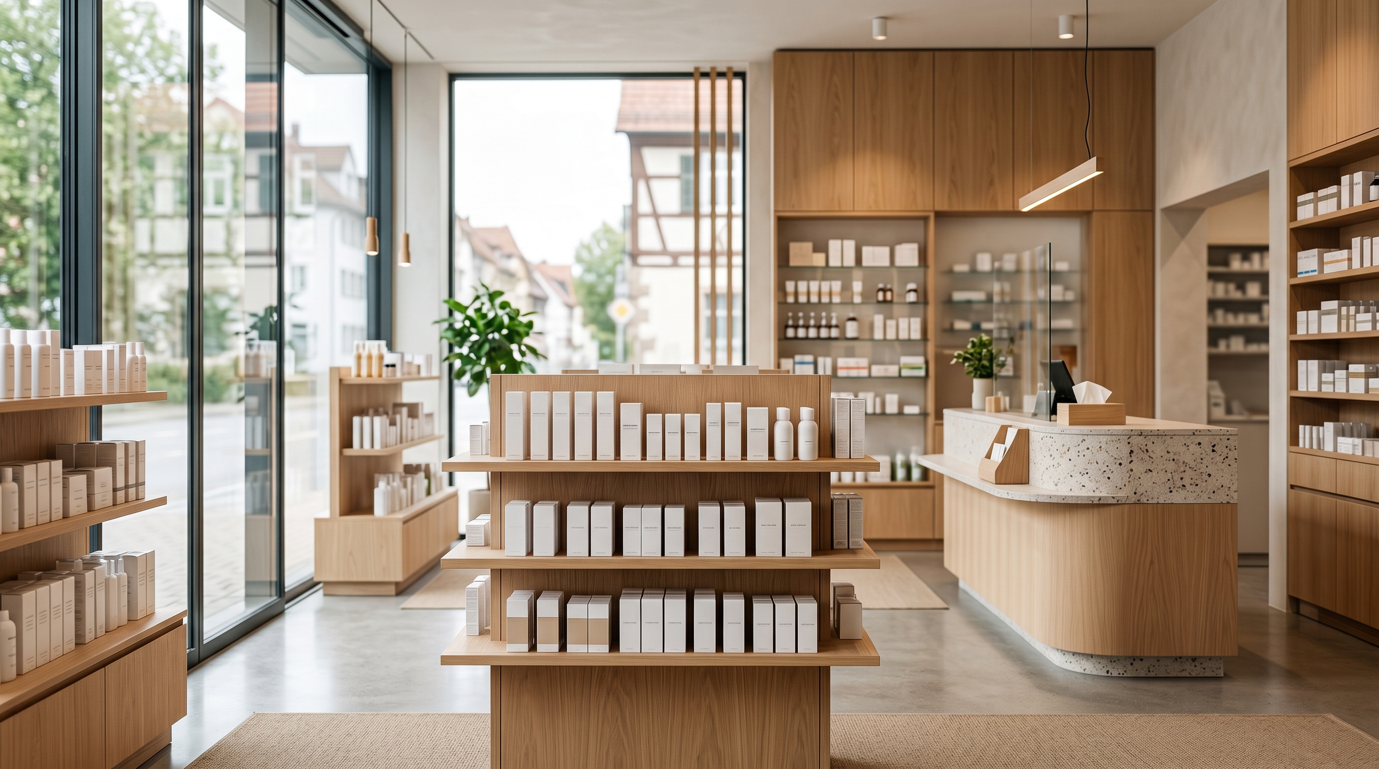 Innenraum einer modernen deutschen Apotheke mit hellen Holzregalen und warmem Tageslicht