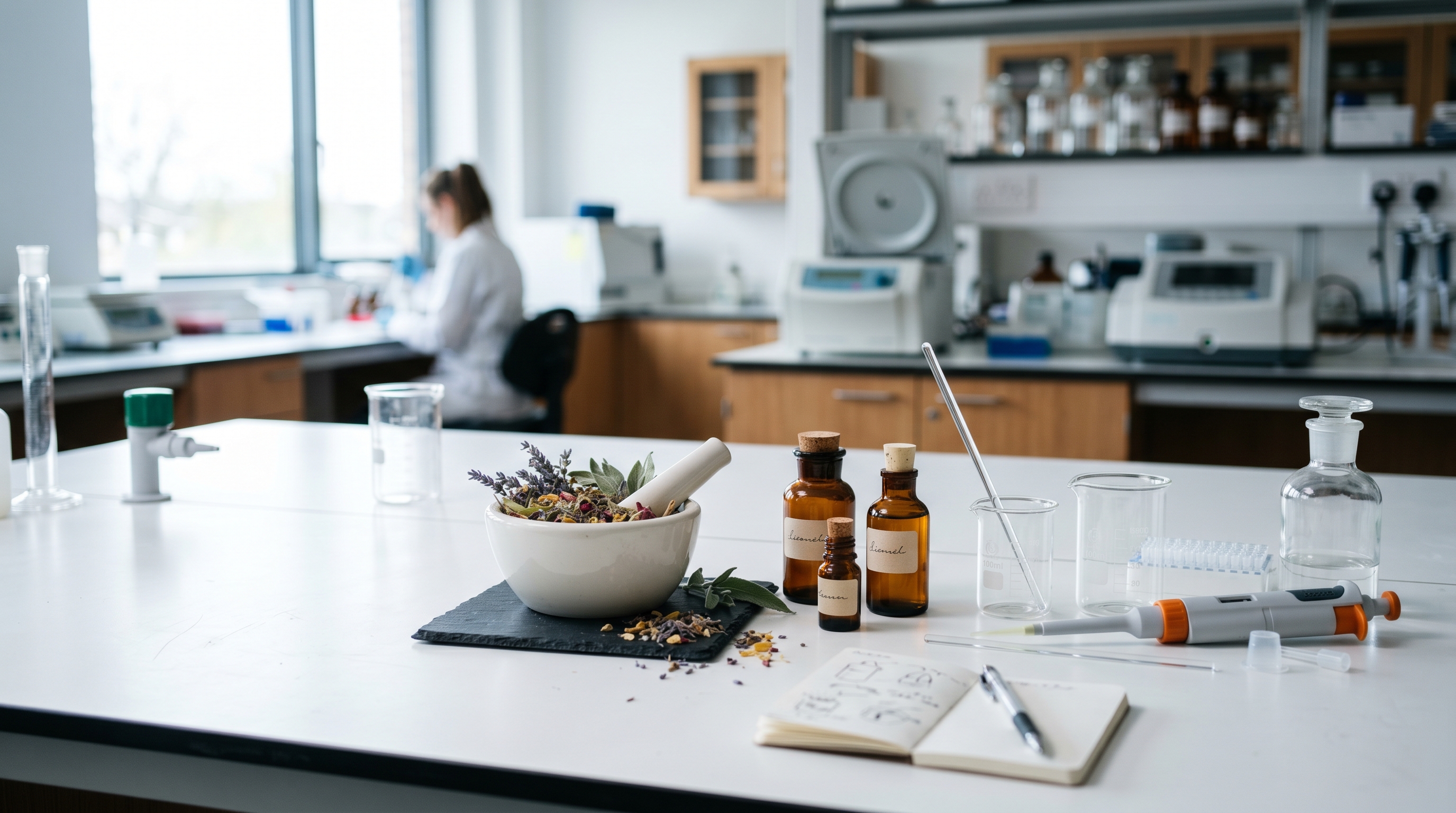Laborarbeitsplatz mit Bechergläsern, Pipetten, Mörser und Pistill