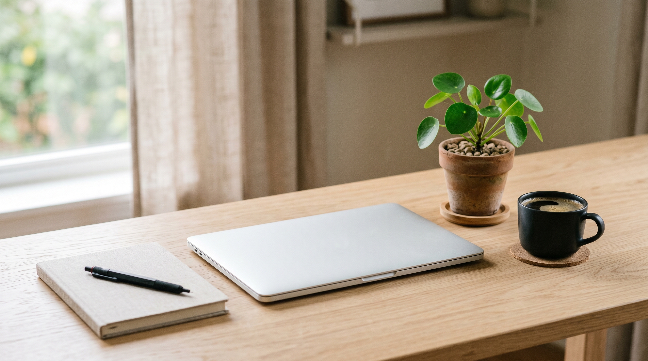 Aufgeräumter Schreibtisch mit Laptop, Notizbuch und Kaffeetasse