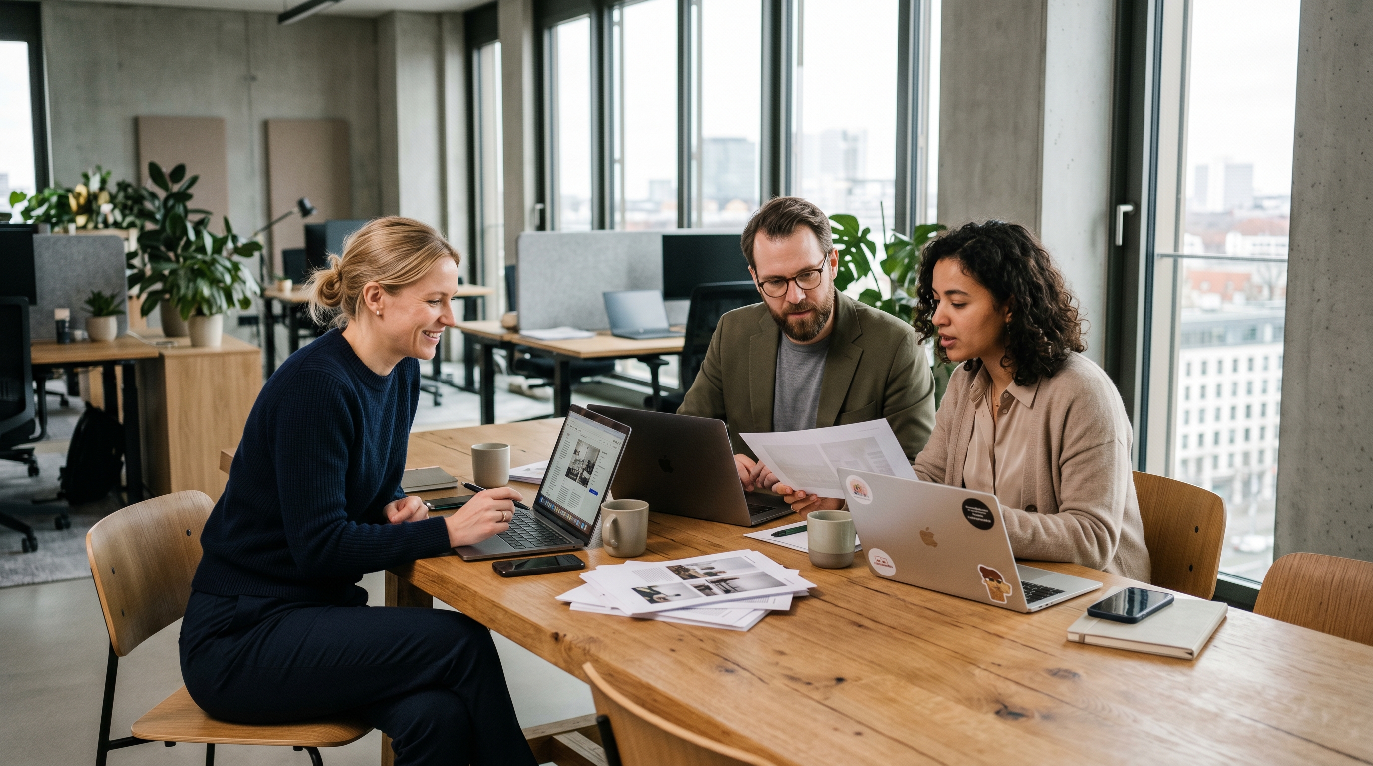 Mitglieder der Redaktion in einem hellen Büro bei der Besprechung